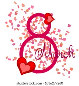 Greeting card for March 8. International Women's Day. Red heart, abstraction, vector illustration.