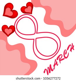 Greeting card for March 8. International Women's Day. Red heart, abstraction, vector illustration.