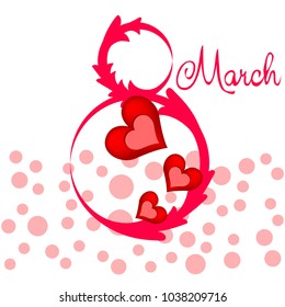 Greeting card for March 8. International Women's Day. Red heart, abstraction, vector illustration.