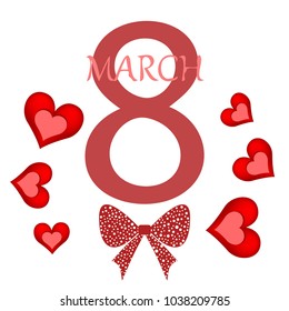 Greeting card for March 8. International Women's Day. Red heart, abstraction, vector illustration.