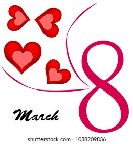 Greeting card for March 8. International Women's Day. Red heart, abstraction, vector illustration.