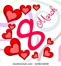 Greeting card for March 8. International Women's Day. Red heart, abstraction, vector illustration.