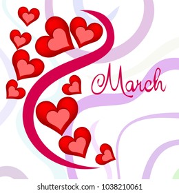 Greeting card for March 8. International Women's Day. Red heart, abstraction, vector illustration.