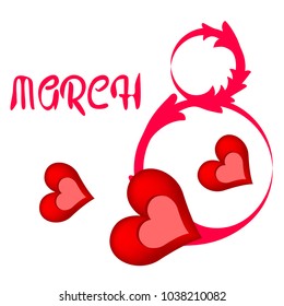 Greeting card for March 8. International Women's Day. Red heart, abstraction, vector illustration.