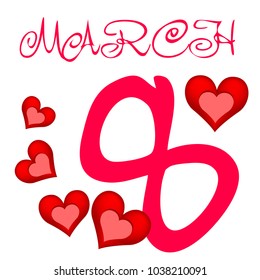 Greeting card for March 8. International Women's Day. Red heart, abstraction, vector illustration.