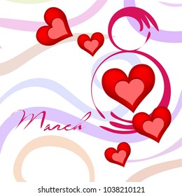 Greeting card for March 8. International Women's Day. Red heart, abstraction, vector illustration.