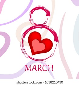 Greeting card for March 8. International Women's Day. Red heart, abstraction, vector illustration.