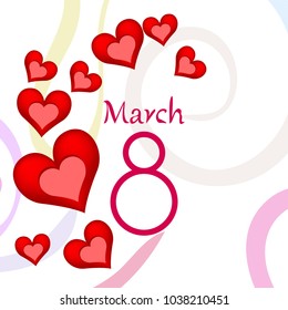 Greeting card for March 8. International Women's Day. Red heart, abstraction, vector illustration.