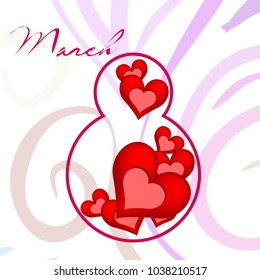 Greeting card for March 8. International Women's Day. Red heart, abstraction, vector illustration.