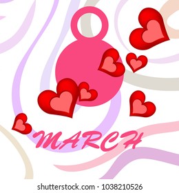 Greeting card for March 8. International Women's Day. Red heart, abstraction, vector illustration.