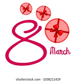 Greeting card for March 8. International Women's Day. Gift, gift box, bow, abstraction, vector illustration.