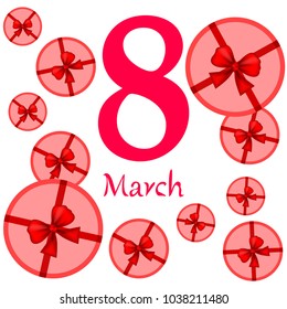 Greeting card for March 8. International Women's Day. Gift, gift box, bow, abstraction, vector illustration.
