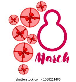 Greeting card for March 8. International Women's Day. Gift, gift box, bow, abstraction, vector illustration.