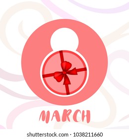 Greeting card for March 8. International Women's Day. Gift, gift box, bow, abstraction, vector illustration.