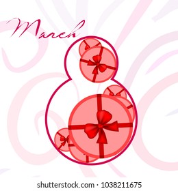 Greeting card for March 8. International Women's Day. Gift, gift box, bow, abstraction, vector illustration.