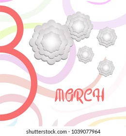 Greeting card for March 8. International Women's Day. Paper flowers, abstraction, vector illustration.