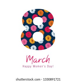 Greeting card with March 8. International Women's Day. 8 shape with white flowers. Floral elements for your design. Vector illustration.