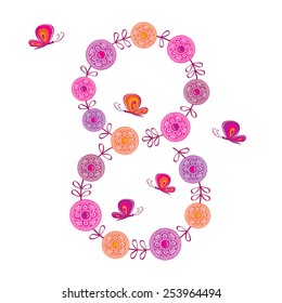 Greeting card with March 8. International Women's Day. Figure 8 from a wreath of spring flowers with butterflies. Vector illustration.