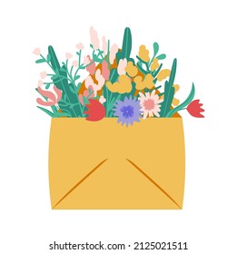 Greeting card for March 8, Mothers Day bouquet of flowers. Women s Day. Hello spring. An envelope filled with wildflowers. Beautiful poster, banner, sticker, T-shirt print or other design.