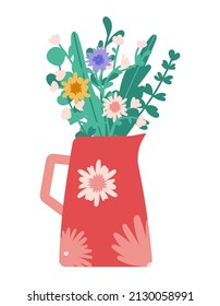 Greeting card for March 8, Mothers Day bouquet of flowers. Womens Day. Hello spring. A jug filled with wildflowers. Beautiful poster, banner, sticker, T-shirt print or other design.