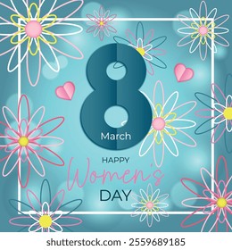  Greeting card for March 8 in paper style with bokeh effect