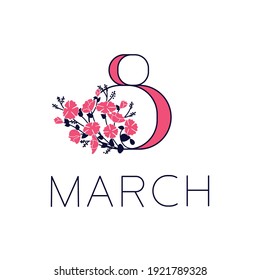 Tarjeta de saludo del 8 de marzo. Postal con texto y flores. Cartel cuadrado del Día Internacional de la Mujer. Ilustración de Vector de arte plano