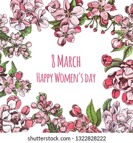 Greeting card from March 8. Template for wedding invitation. Card vector illustration with apple blossom.