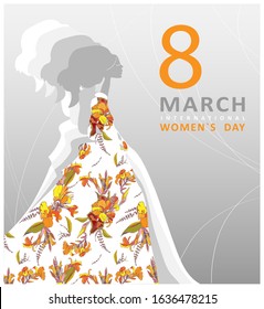 Greeting card from March 8, women's day, on a gray background silhouette of a girl on a dress pattern of flowers