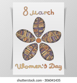Greeting card with March 8. Womens Day realistic Postcard Template with Flower Pattern