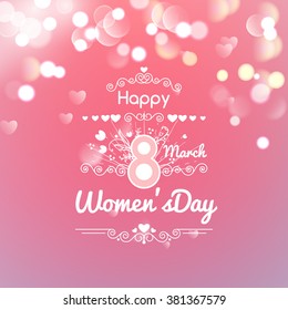 Greeting card with March 8, women's day on bokeh background, vector illustration