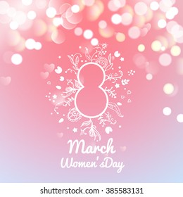 Greeting card with March 8, women's day on bokeh background, vector illustration