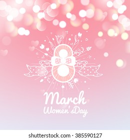 Greeting card with March 8, women's day on bokeh background, vector illustration