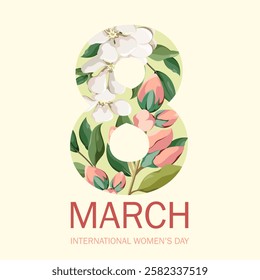 A greeting card from March 8th. International Women's Day. The number 8 with flowers. Vector illustration.