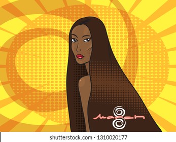 greeting card from March 8-women's day - beautiful black woman with long hair on pink background in pop art style