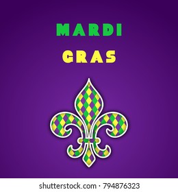Greeting card of Mardi Gras with Fleur De Lis. Fat Tuesday concept. Vector illustration