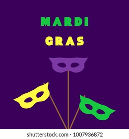 Greeting card of Mardi Gras with three masquerade masks. Fat Tuesday concept. Vector illustration