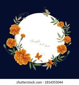 Greeting card with marigolds and a round white frame on a blue background