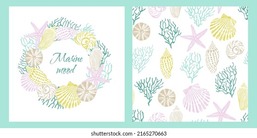 Greeting card from marine circular pattern of corals, shells, starfish. Postcard concept with place for text and seamless pattern.