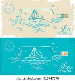 Greeting card in marine style. Boat inside the bottle.