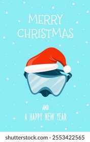 Greeting card with mask for scuba and free diving with red Santa hat. Merry Christmas and Happy New Year vector illustration.