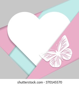 Greeting card in material design style with paper heart and butterfly.