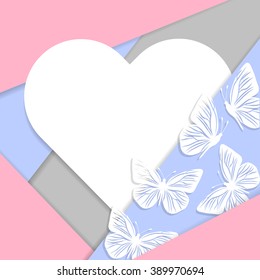 Greeting card in material design style with paper heart and butterflies.