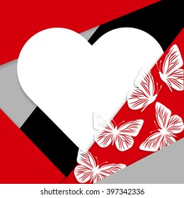Greeting card in material design style with paper heart and butterflies.