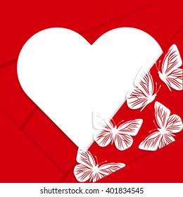 Greeting card in material design style. White paper heart and butterflies on red background.