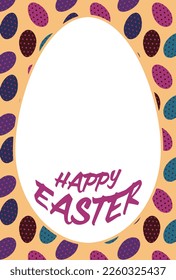 Greeting card material with egg-shaped space and Happy Easter letters on the background of lined eggs with patterns