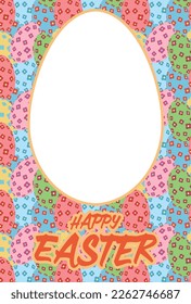 Greeting card material with egg-shaped space and Happy Easter letters on the background of lined eggs with patterns
