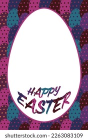 Material de la tarjeta de felicitación con espacio en forma de huevo y letras Happy Easter sobre el fondo de huevos con motivos