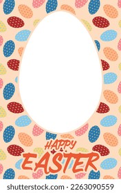 Greeting card material with egg-shaped space and Happy Easter letters on the background of lined eggs with patterns