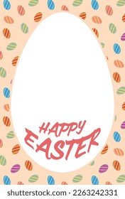 Greeting card material with egg-shaped space and Happy Easter letters on the background of lined eggs with patterns