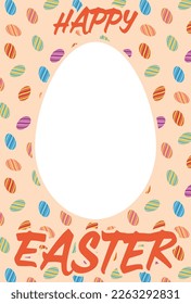 Greeting card material with egg-shaped space and Happy Easter letters on the background of lined eggs with patterns